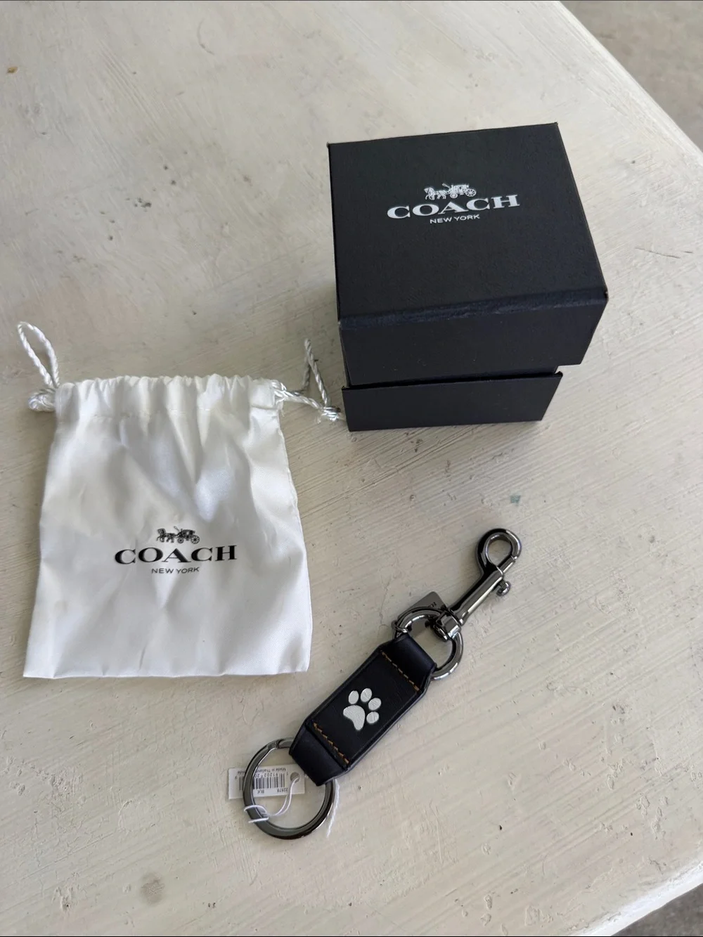 Coach Black Leather Key & Card Holder with White Paw Print and Silver Hardware